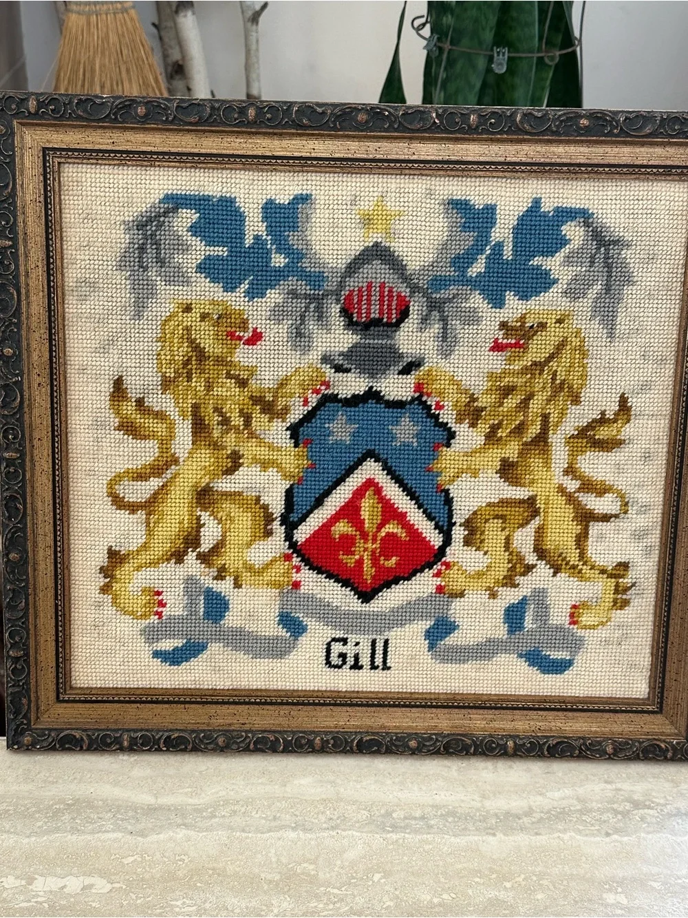 Handcrafted Heraldic Lion Needlepoint Wall Art in Gold / Blue GILL FAMILY CREST